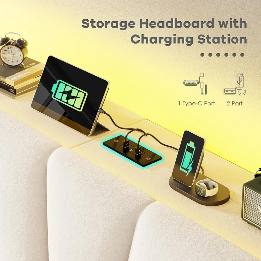 إطار سرير EnHomee Queen مع لوح رأسي مخملي وأضواء LED، لوح رأسي للتخزين مع محطة شحن، إطار سرير بحجم كوين مع #3