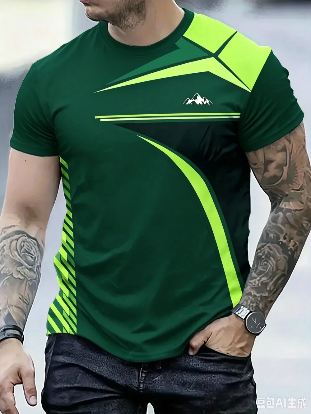 Schwarz-Rotes Kontrastfarben-T-Shirt mit Geometrischen Linien, 3D-gedruckt, für Herren, Locker, Bequem, Lässig, Atmungsaktiv, Schnelltrocknend, Outdoor-Oberteil – Detail 6