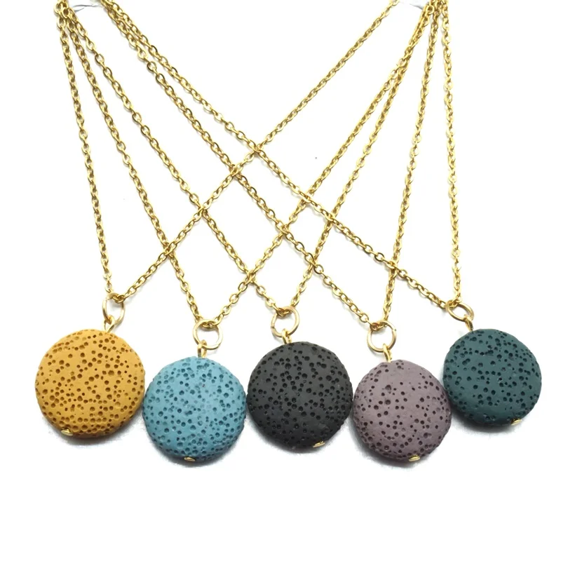 13 Colors Round Lava Stone Aroma Essential Oil Diffuser Necklace Aromatherapy Jewelry Gold Chain Lava Rock Stone Necklace