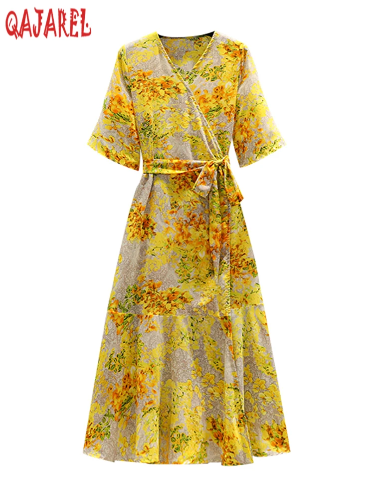 

Women Floral Chiffon V-Neck Elegant Ruffled Long Dress Summer Bodycon Chic Bow Bandage Dress 2024 Fashion Holiday Beach Dresses