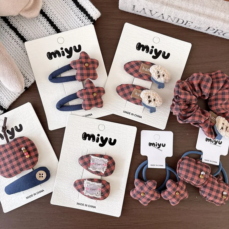Hair Clips Kids Vintage Plaid Star Embroidered Dog Cartoon Girls Early Fall Fabric Headwear Accessories Portable School