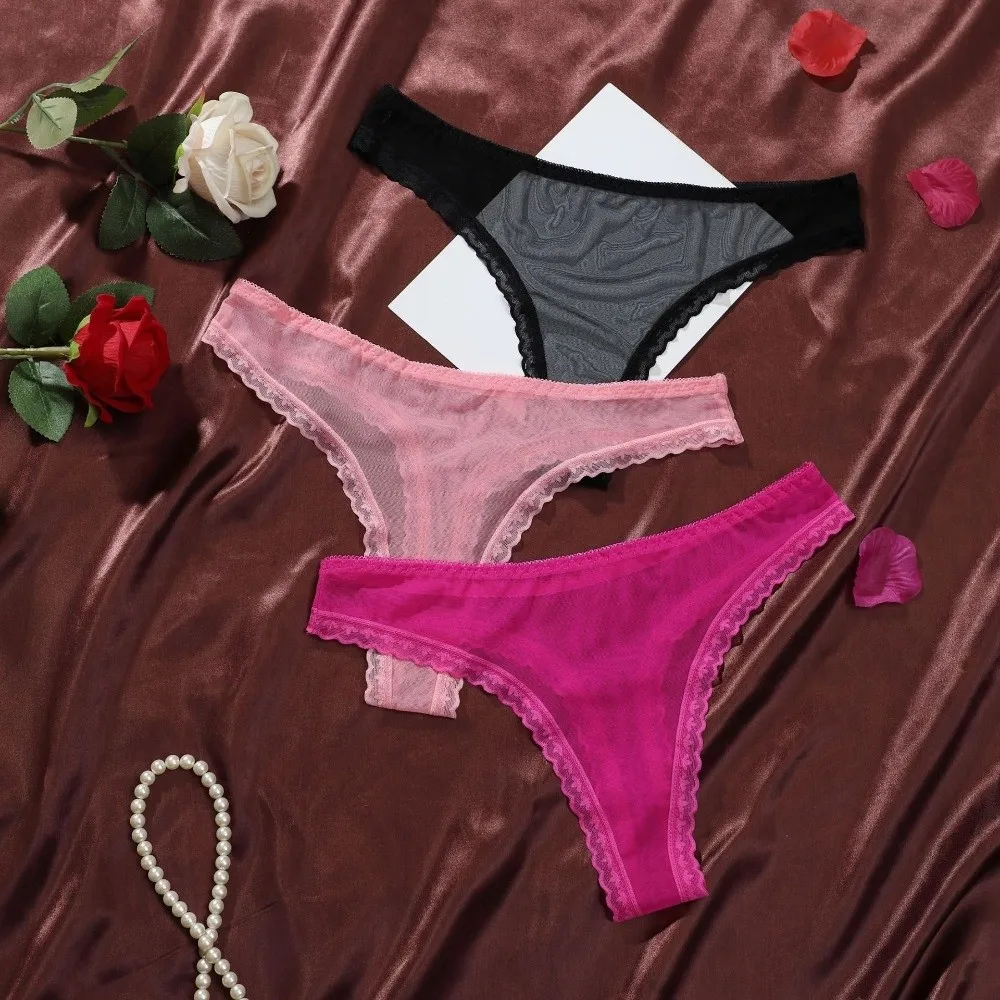 Breathable Low Waist Mesh Sheer Lace Thong One-piece Seamless Mesh Briefs Women Transparent Intimate Romantic T Panties Home