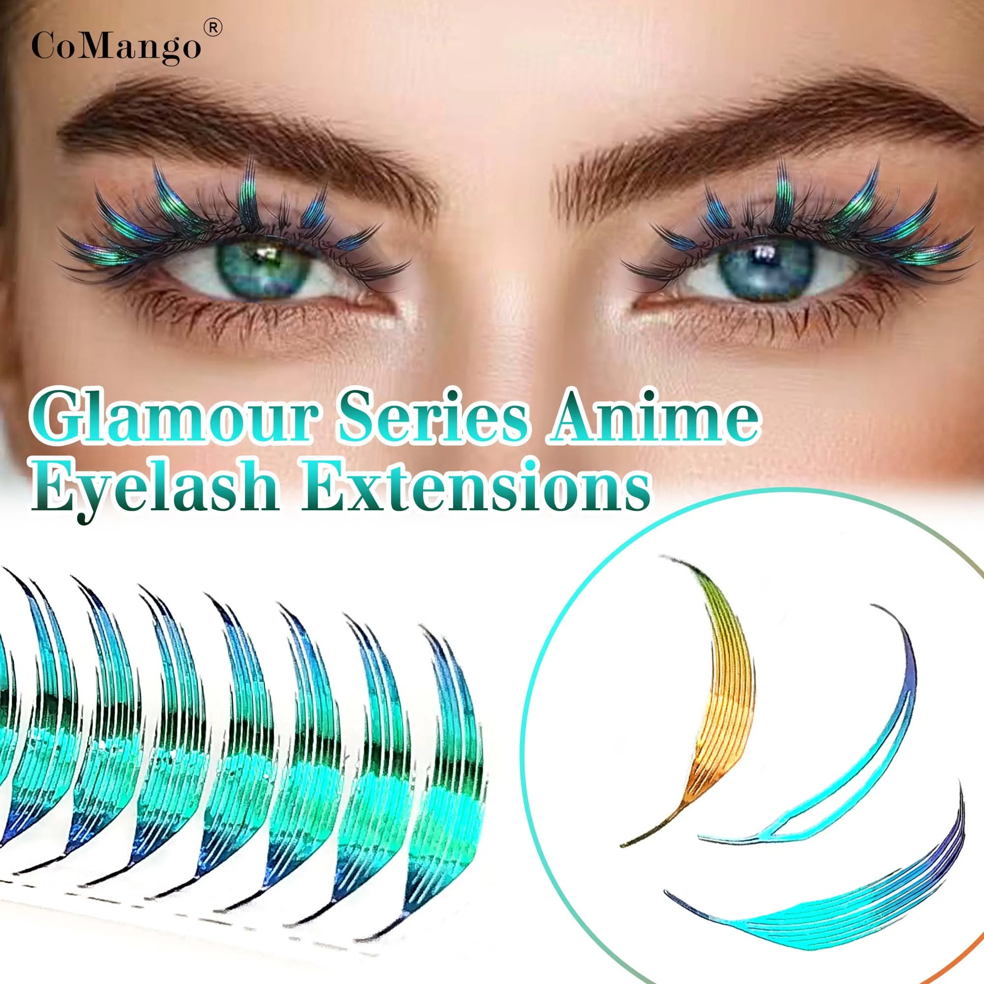 CoMango Federförmige, glamouröse, grün-goldene, spitze Wimpernverlängerungen mit Glitzer und Lametta, falsche Wimpern im Anime-Stil für Party-Make-up