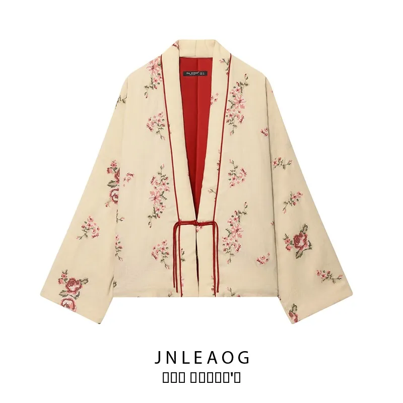 

JNLEAOG Осенняя Новая Женская Вышитая Хлопковая Куртка с Длинным Рукавом и V-образным Вырезом, с Цветочным Узором, Повседневная Стильная Женская Верхняя Одежда
