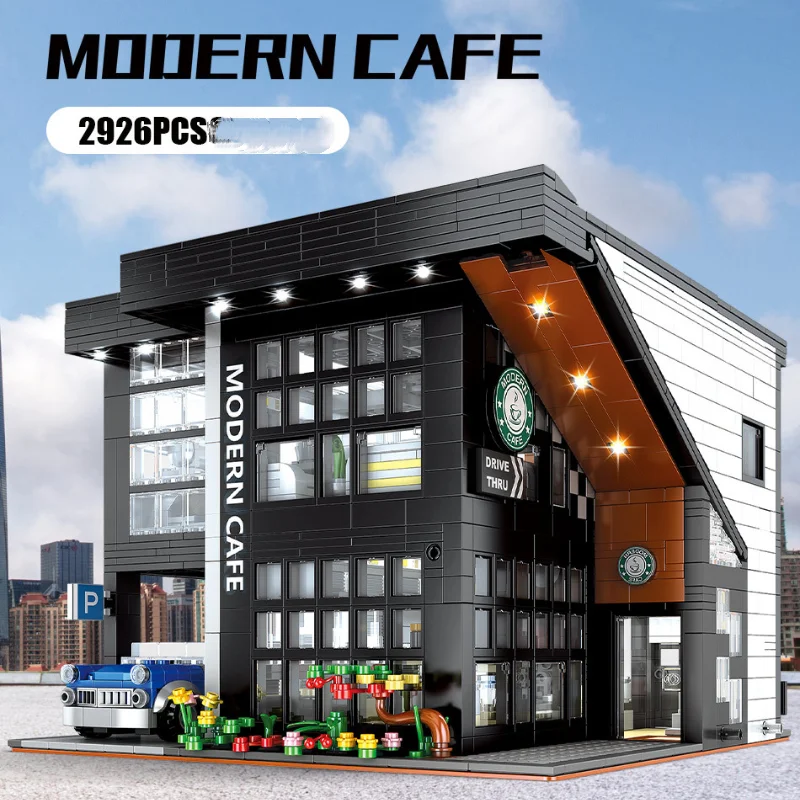 Modern Coffee Shop Building Blocks Model Sets City Architecture Street View Cafe Construction Moc Bricks DIY Assembled Kids Toys