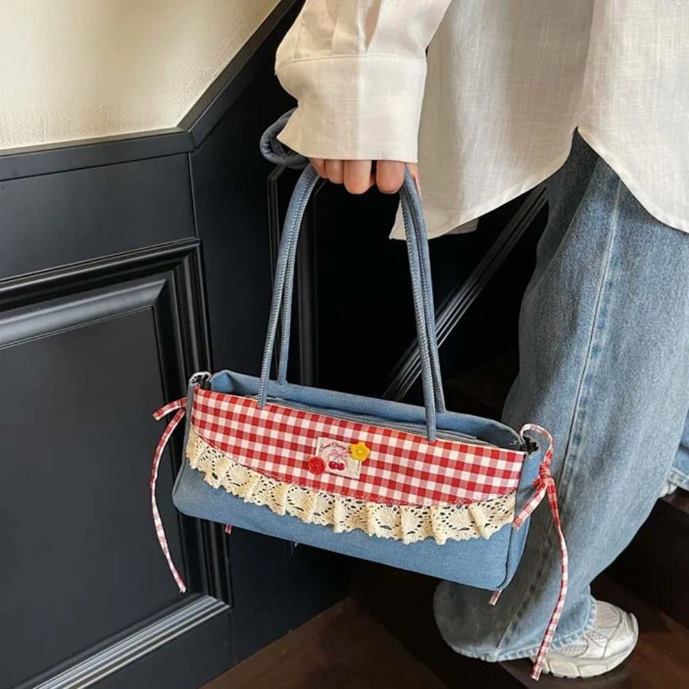 

Shopping Sweet French Stick Handbag Denim Blue Contrast Color Plaid Bow Shoulder Bag Ribbon Lace Cloth Underarm Bags Work