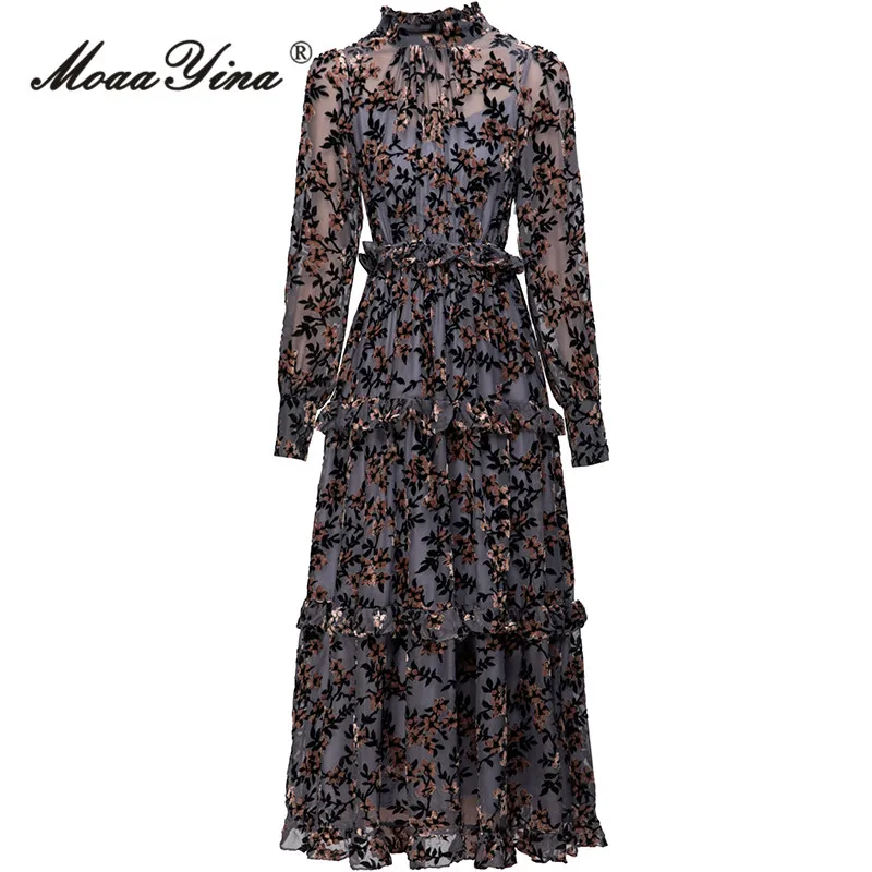 

MoaaYina Summer Fashion Designer Vintage Appliques Dress Women Lantern Sleeve Ruffles High Elastic Waist Slim A-LINE Long Dress