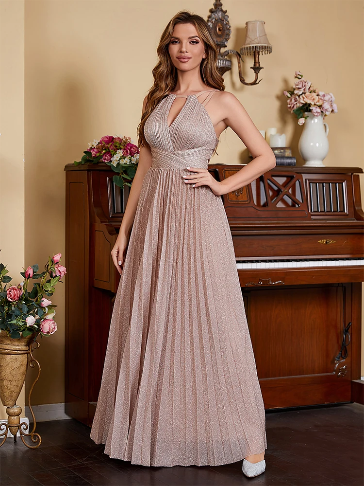 Elegant Halter Evening Dresses 2024 Prom Dresses Long Pleated Sparkly Bridesmaid Dresses Formal Gown Birthday Party Dress