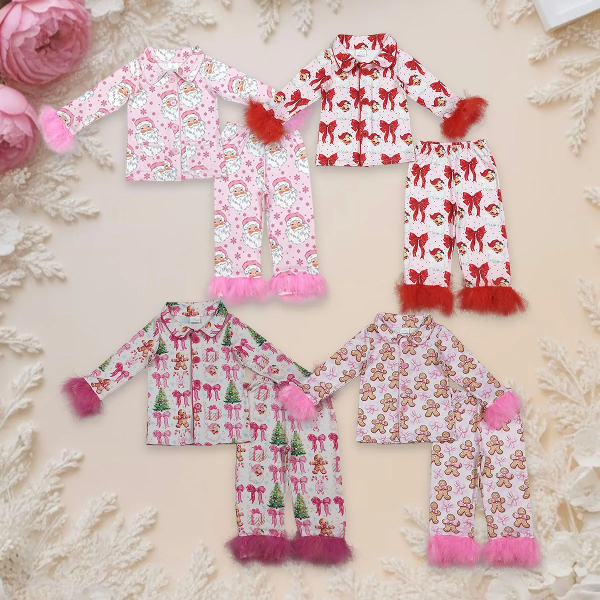 

Baby Girl Christmas Pajamas Sets Toddler Children Fur Bows Santa Print Lapel Neck Button-up Tops Long Pants Loungewear Clothes