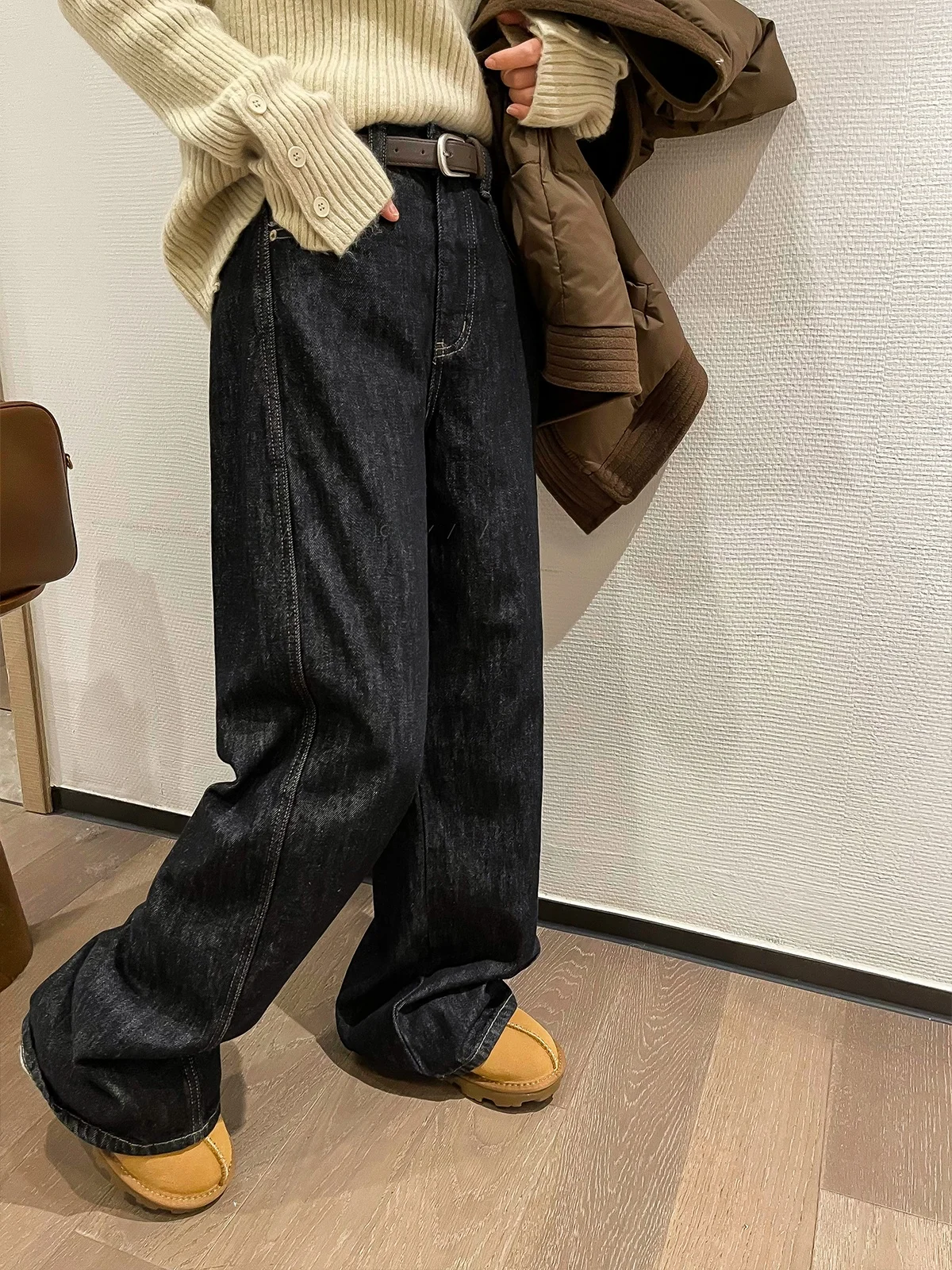 

Женские джинсы с высокой талией, на флисовой подкладке, повседневные, черные, осенне-зимние, новые, широкие, длинные брюки