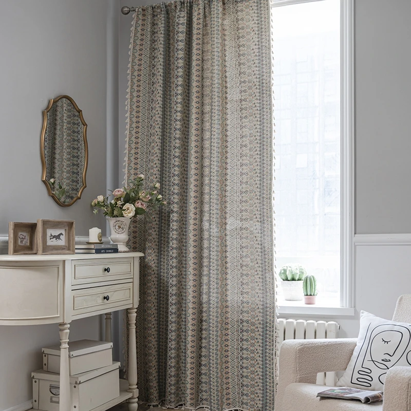 American Style Country Home Life Curtain Geometric Jacquard Fringe Semi-blackout Bedroom Balcony Living Room Decorative Valance
