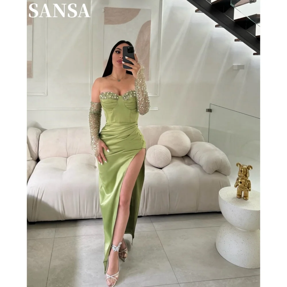 Sansa Formal Pearls A-Line Satin Prom Dress Customized Floor-Length Strapless Wedding Dress Sleeve Cover Vestidos De Fiesta 2024