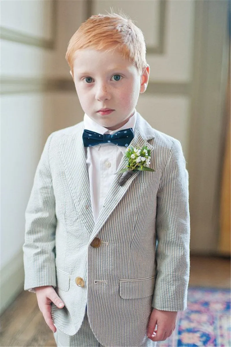 

Summer Seersucker Boy Suits For Beaching Wedding Notch Lapel Baby Kids Clothes Party Children Tuxedos(Jacket+ Pant)