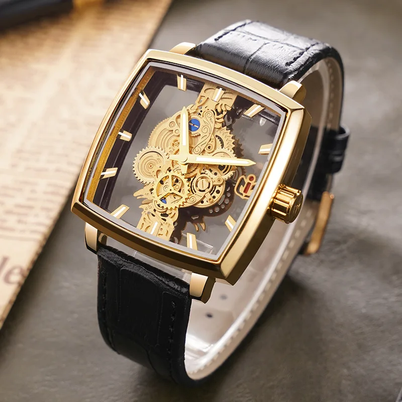 UTHAI BK126 Hollow Square Men\'s Watch Gold Gear Fashion Business Versatile Glow Waterproof Quartz Watch For Men