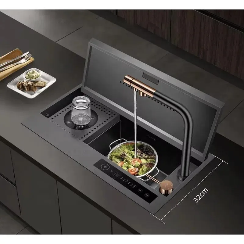for Rectangular Bar Smart Sink Catalyst Purification Sink 304 Stainless Steel Kitchen Sink with Coaster Ring and Lid