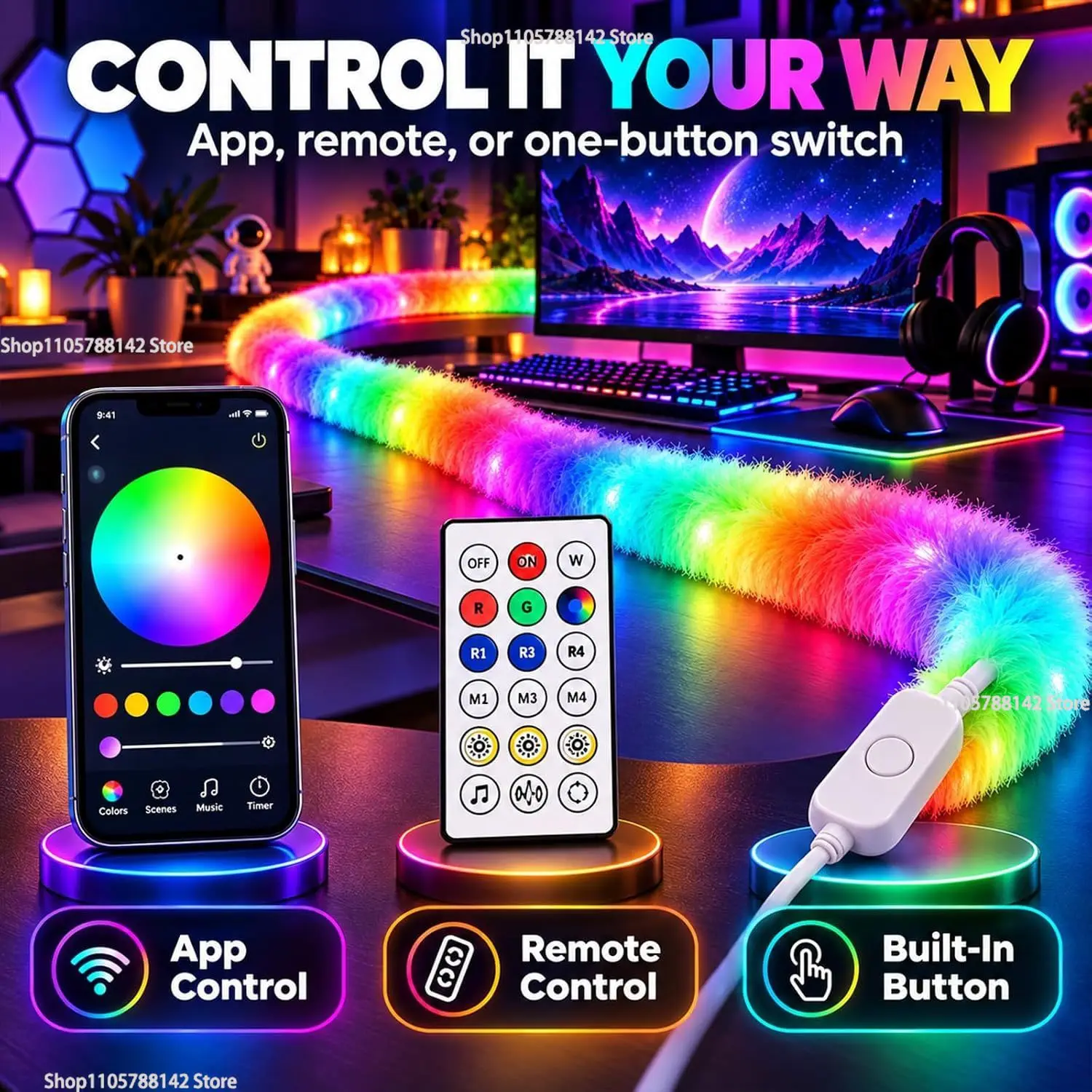 Christmas Faux Fur Neon Light Strip – 360° All-Round Glow,Suitable For Parties, Gaming,And Cozy Home Decoration