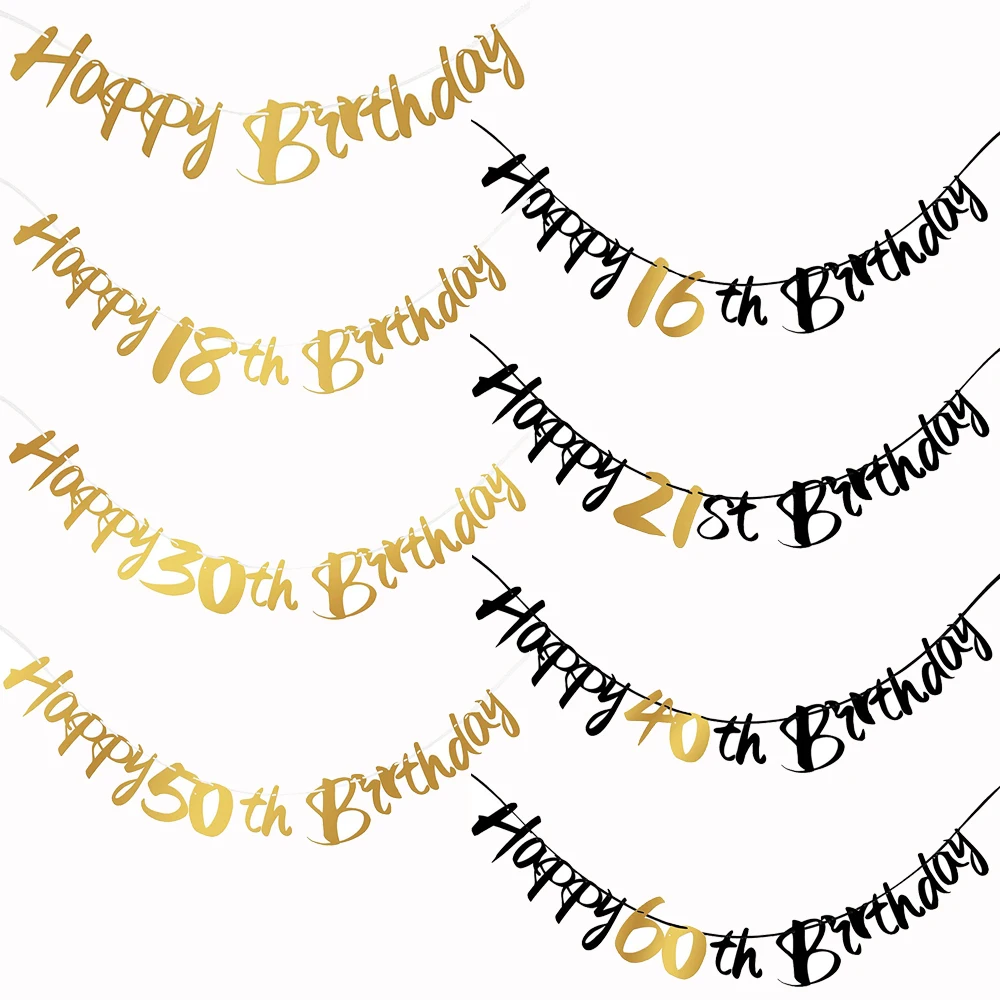 Black Gold Paper Streamer Hanging Birthday Banner For 16 18 21 30 40 50 60 Years Old Birthday Party Decoration Anniversary