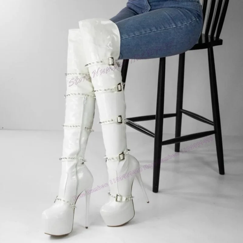 

White Rivet Platform Knee High Boots Strappy Buckle Round Toe Shoes for Women Thin High Heels Shoes 2023 Zapatos Para Mujere