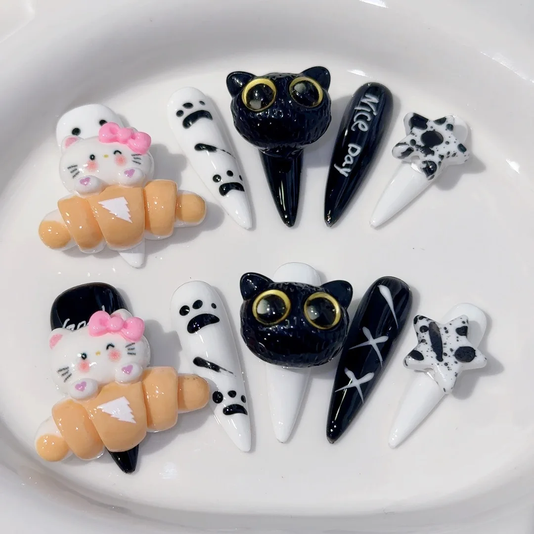 

Handmade Beautiful Y2k Press on Nails Goth Style Black and White Halloween with Design Full Cover Long Coffin Acrylic Nail Tips