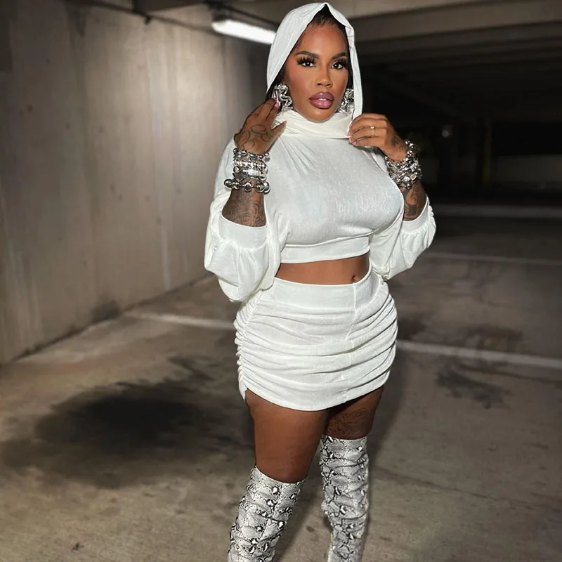 

Sexy Club Party 2 Piece Sets Women Outfit Festival Clothing Long Sleeve Hooded Crop Top and Ruched Mini Skirt Matching Sets 2025