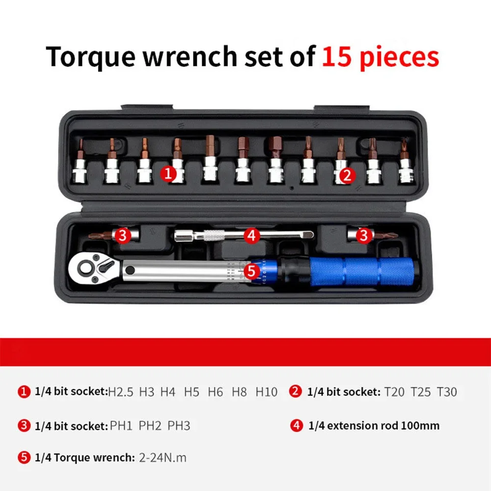 15pcs Torque Wrench Set 1/4