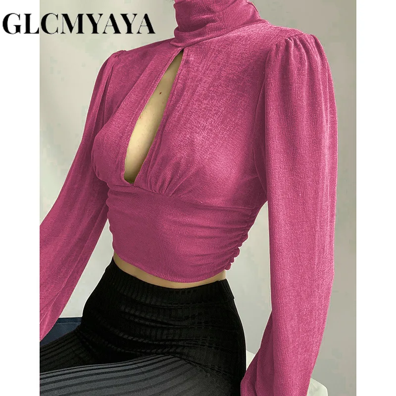 GLCMYAYA Women Hollow Out Turtleneck Long Sleeve Girdling Slim Solid Tee Tops 2023 Fashion Sexy Party Basics Hotsweet T-Shirts