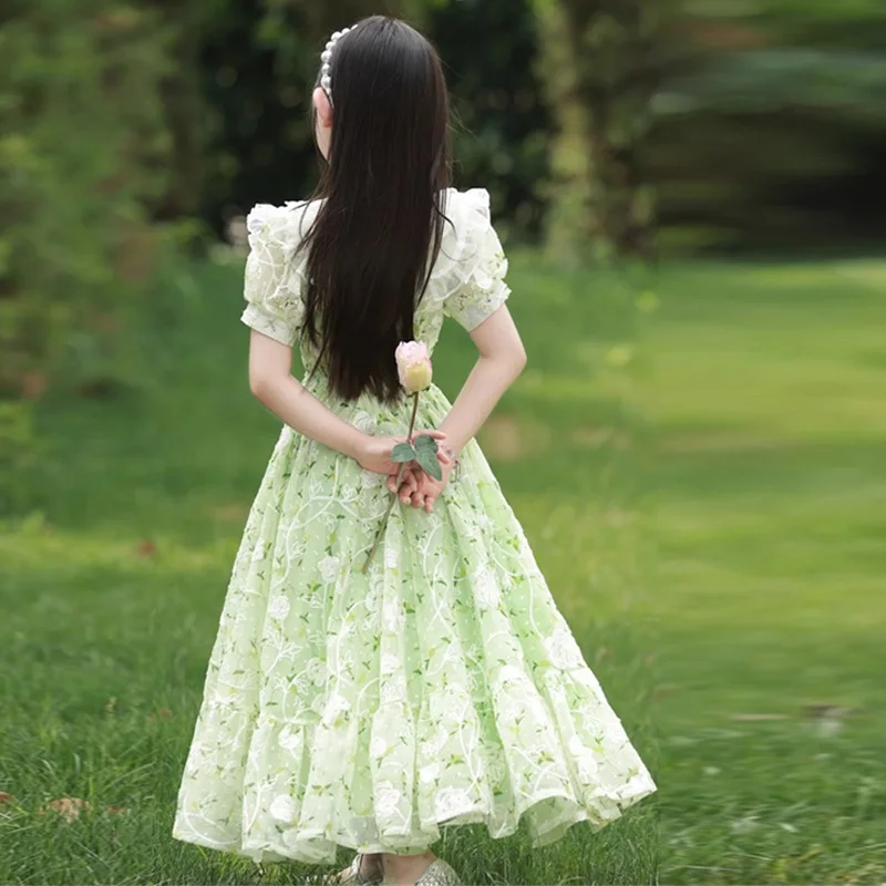Girls Summer Dresses New Children\'s Princess Gown Big Kids Short-sleeved Dress Teen Girls Peter Pan Collar Clothing 4-12Y