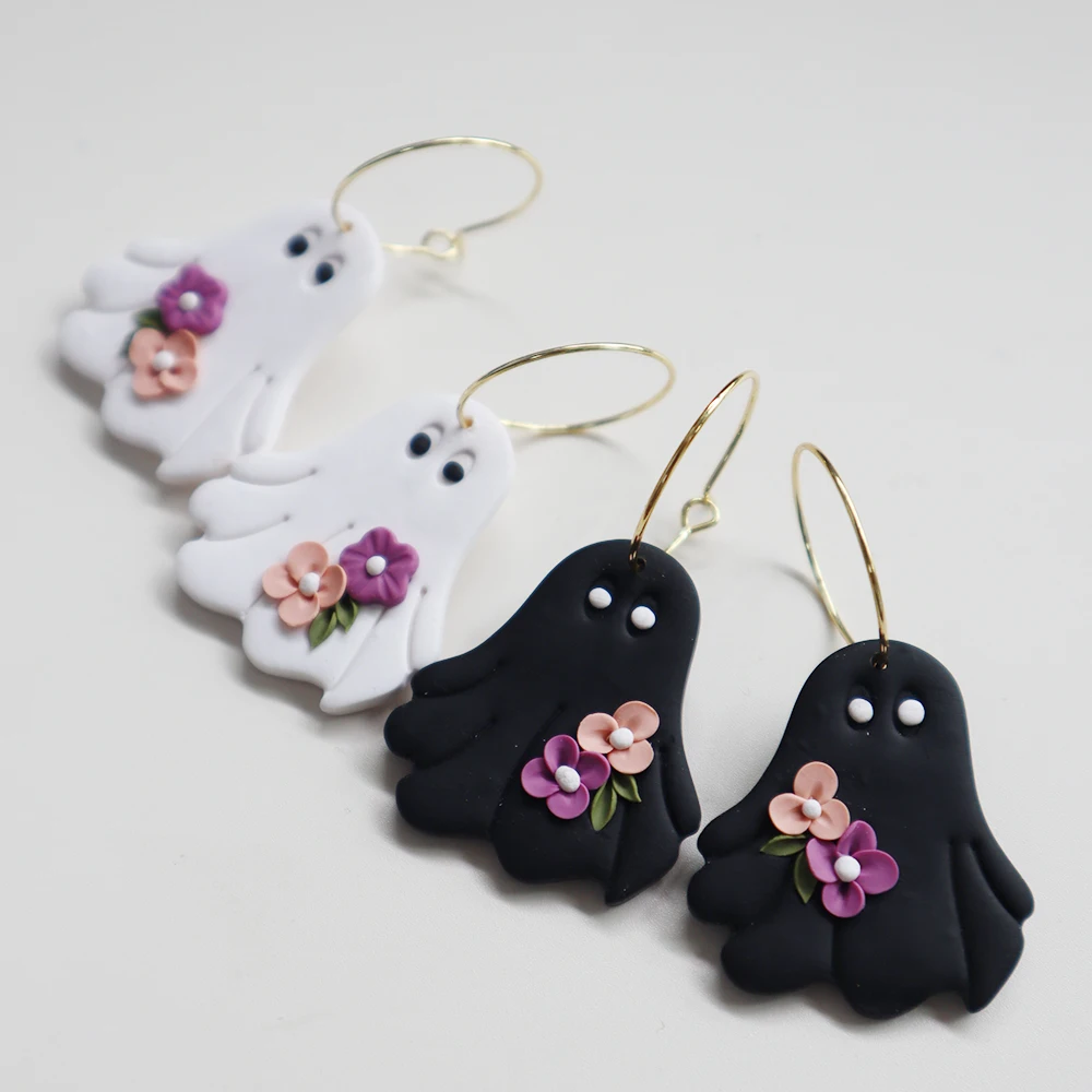 2025 New Fashion Halloween Ghost Flowers Hoops Earring Trendy Ghost Hoop Earrings Polymer Clay Pendant Earrings Jewelry Gifts