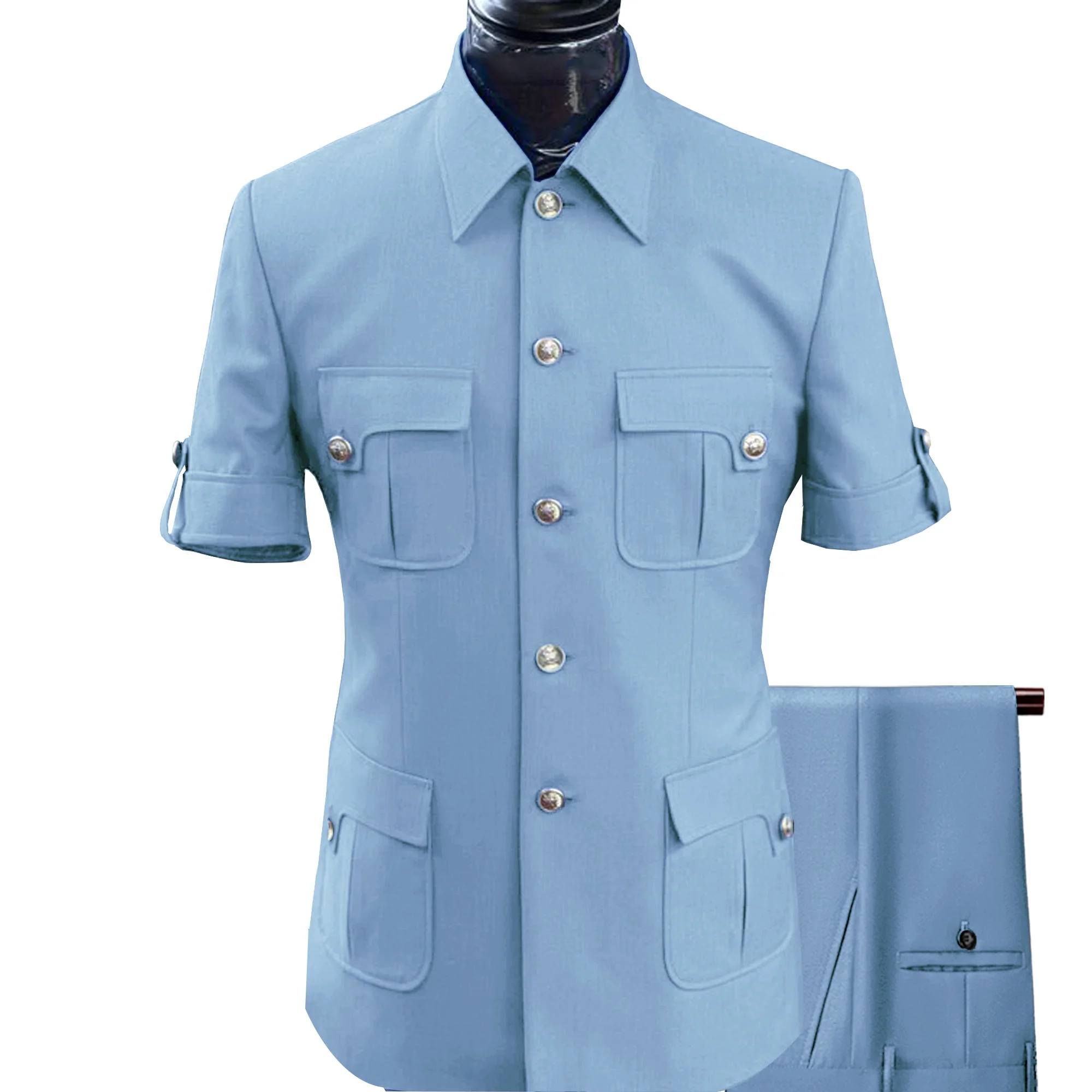 G&N Custom Made Africa Style Men Suits Sky Blue 2026 Short Sleeve Blazer Regular Pants for Business Men Formal Meeting Wear