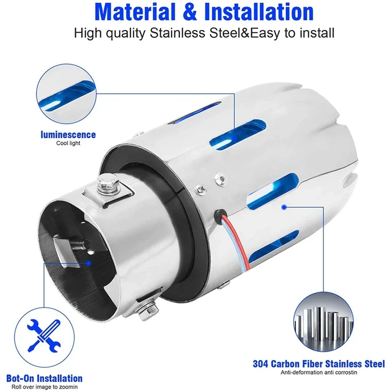 High Quality 1PC Stainless Steel Exhaust Tip Luminous Blue Flame LED Light Car Tail Pipe Modification