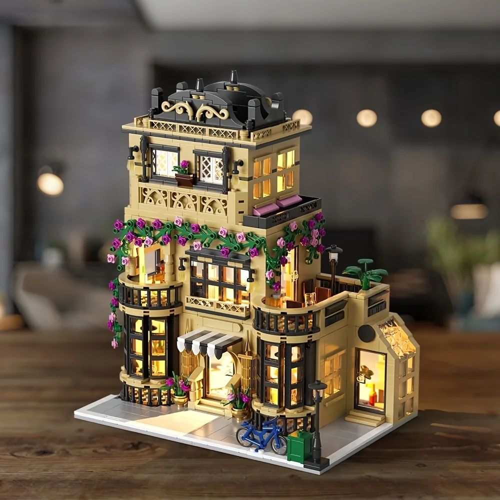 Jouet de construction City Street House pour adultes et adolescents, mini briques avec LED, ensemble de nuits de construction, café, 14 +, 1413 pièces