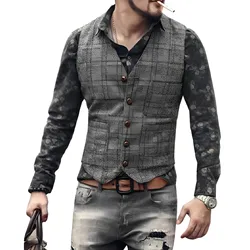 Mens Fashion Handsome Business Vest Plaid Classic Tweed Coat Suit Tweed Slim Fit Formal Waistcoat Vest for Wedding 2024 Coat