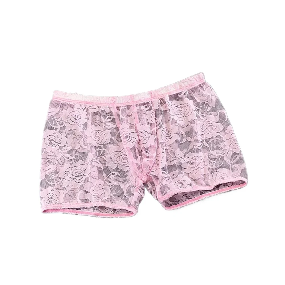 

Pink Men's Erotic Underwear Rose Lace Transparent Mesh Boxer Shorts Low Waist See Through Male Underpants Shorts