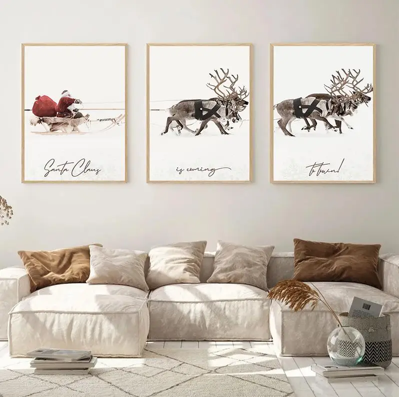 Weihnachtsposter, Weihnachtsmann und Elch, liefern Geschenke im Schnee, Leinwandgemälde, moderne Kunstdruck, Wandbild, Wohnzimmer, Heimdekoration