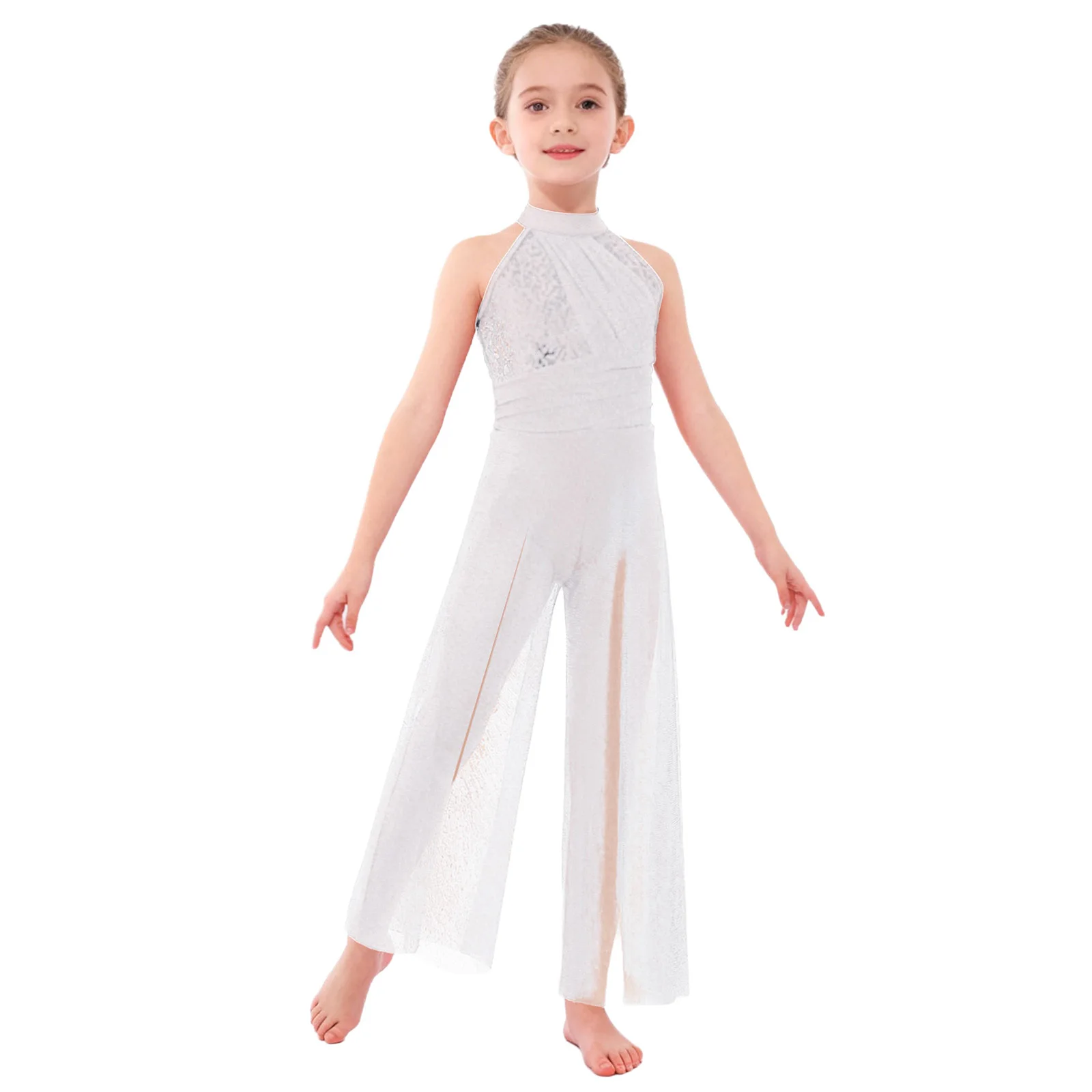 Kinderen Meisjes Ballet Lyrische Dansvoorstelling Unitards Jumpsuit Kostuum Glanzende Pailletten Lijfje Glanzende Mesh Split Wijde Pijpen bodysuit