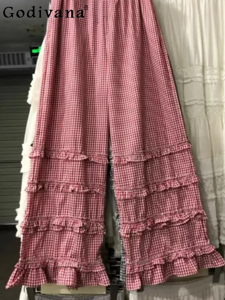 

Large Size Sweet Age Reduction Ruffles Plaid Leisure Trousers Fashion Elastic Waist Versatile Lolita Loose Cake Wide Leg Pants