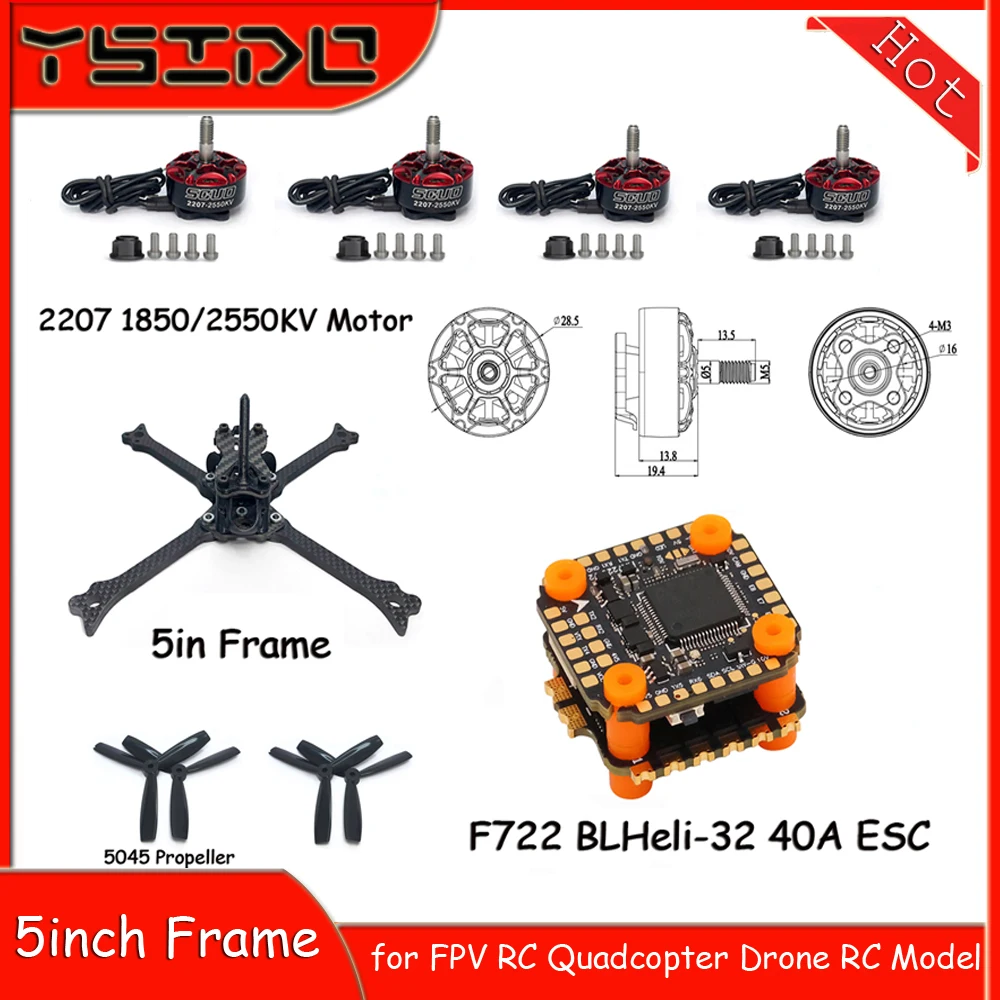 

SCUD 2207 Motor F722 Flight controll BLHeli-32 40A ESC Five33 5in Frame 5045 Prop Combo Set for FPV RC Quadcopter Drone RC Parts