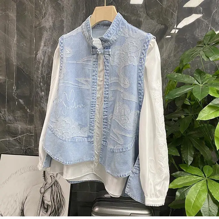 Denim Baggy Vests Vintage Chinese Style Sleeveless Cloud-printed Chic Stand Sweet Simple Aesthetic Students Gentle Jacket Top