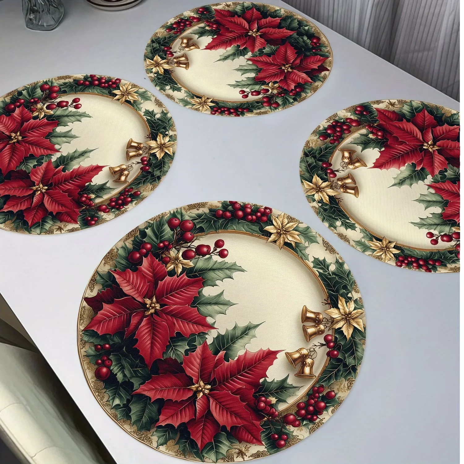 VIKAMA 4-Piece Christmas Poinsettia Gold-Edged Placemats Holiday Gathering Family Dining Table Decor Accessories Party Decor