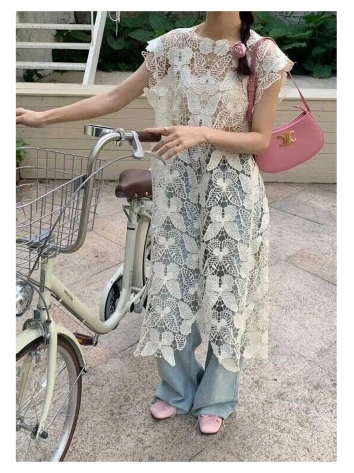 

Ретро-юбка миди с кружевными вставками и цветочным узором, женская, в корейском стиле, с завышенной талией, А-силуэт, летний дизайн, фееричная, длинная