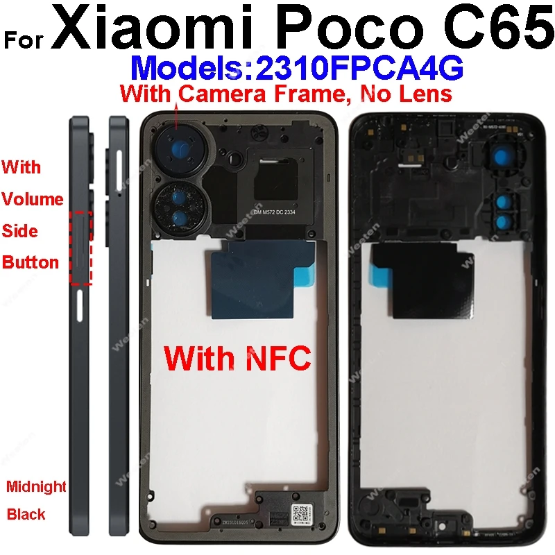 LCD Middle Housing For Xiaomi Poco C65 With NFC Back Cover Housing Front Frame Chassis with Volume Buttons Repair Parts