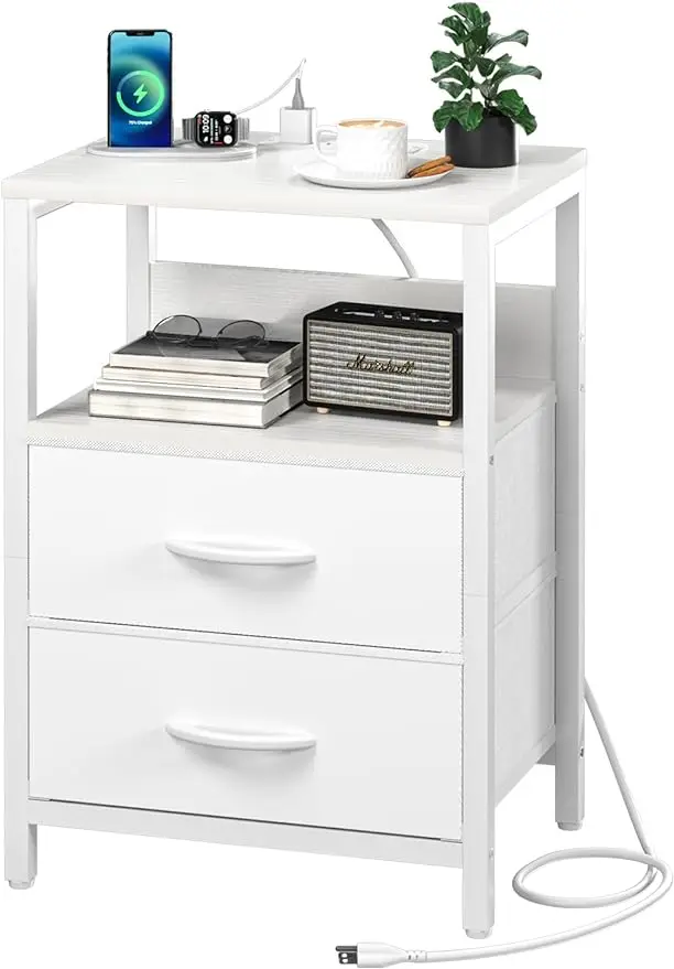 

Nightstand with Charging Station Small Night Stand with Fabric Drawers and Storage Shelf for Bedrooms Nightstands