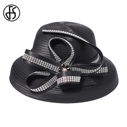 FS Elegant Cloth Top Hats For Women Cocktail Tea Party Dress Derby Cap Ladies Flower Wide Brim Church Fedora Black Cloche Hats