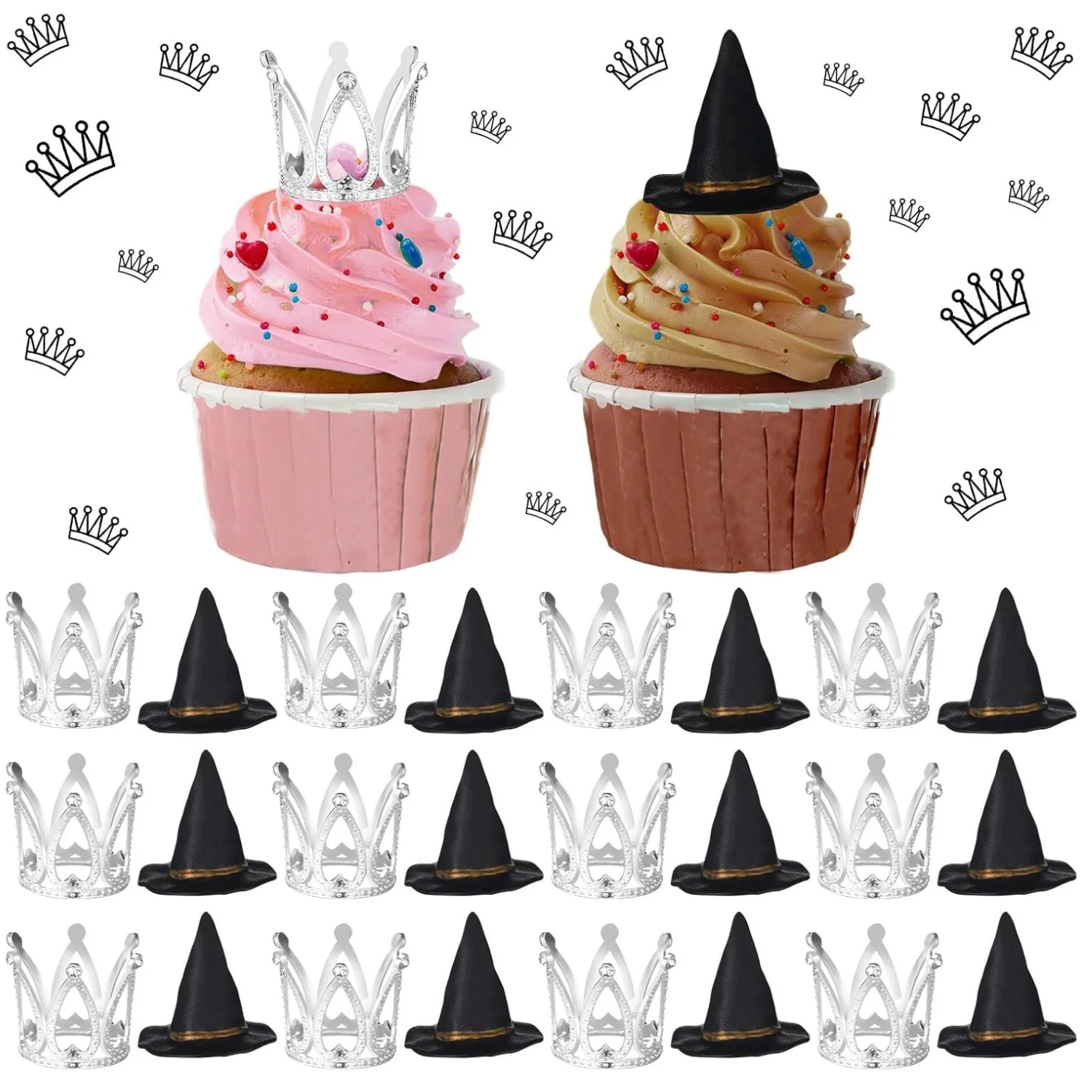 74-teiliges Hexenhut & Kronen Cupcake-Set – 24 Hüte & Kronen + 50 Förmchen, Für Bad Witch Mottoparty