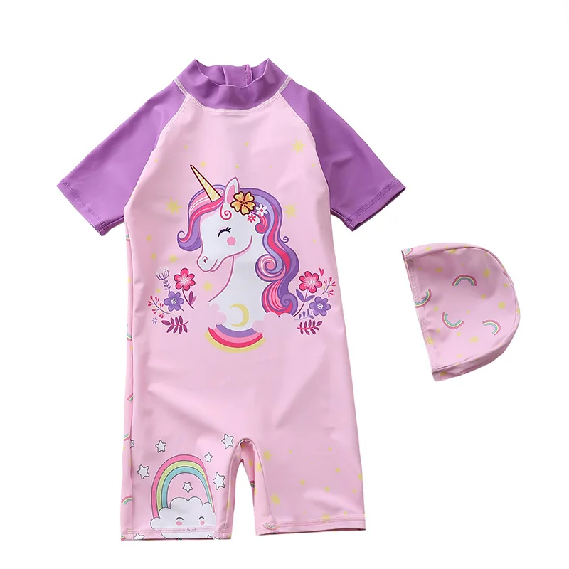 

HappyFlute One Piece Unicorn Prints Short Sleeve With Cap Sun Protection &Quick-drying Swimsuit