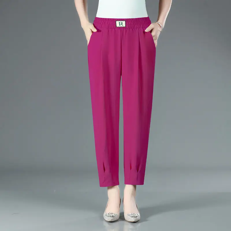 Pantalones bombachos sencillos y holgados para mujer, ropa informal de cintura elástica que combina con todo, color sólido, Estilo Vintage, tendencia de moda, novedad de verano