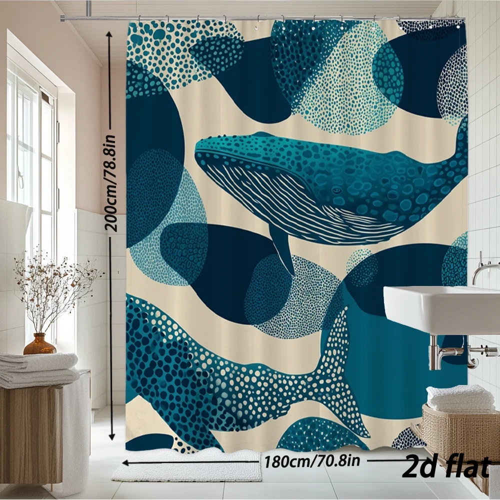

Занавеска для душа Ocean Whale – абстрактный морской рисунок в темно-синих и бирюзовых тонах, 2D плоский дизайн, 12 крючков, 70,8×70,8 дюймов, полиэстер, можно стирать в машине.