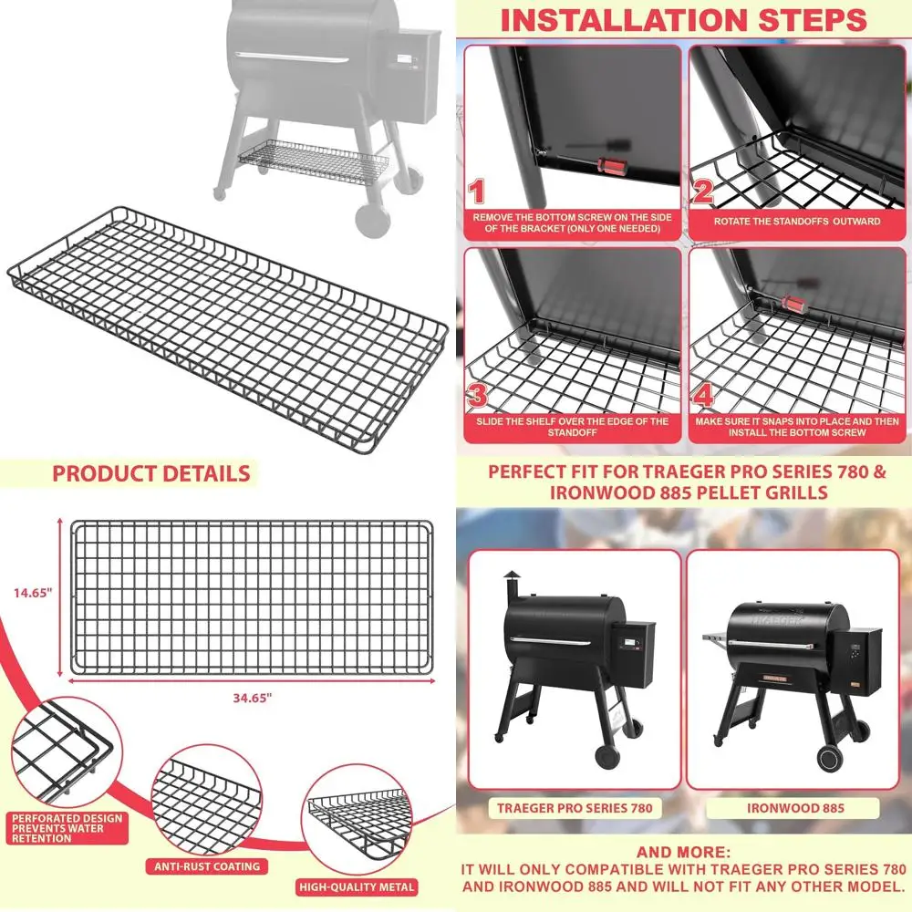 

Полка для хранения древесных пеллет для гриля Pro Series 780, нижняя полка для Ironwood 885 и других грилей, черная сталь с порошковым покрытием