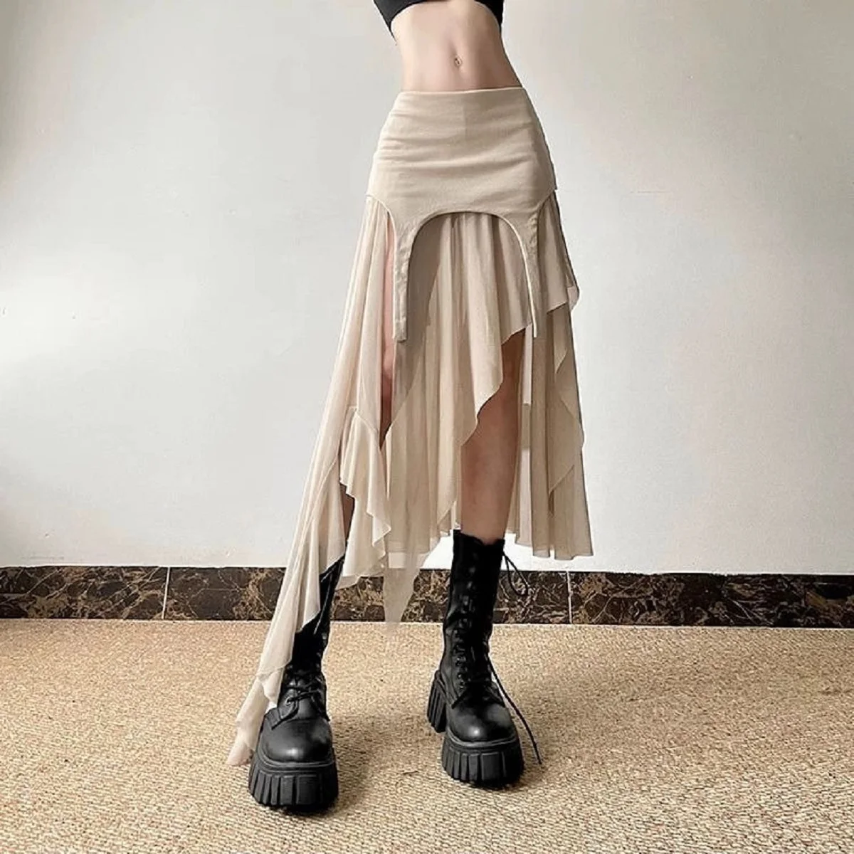 Women Skirt Mesh Asymmetrial Slimming Long Length A Line Skirt Korean Fashion Vintage Patchwork Ruffle Beach Streetwear Clothing