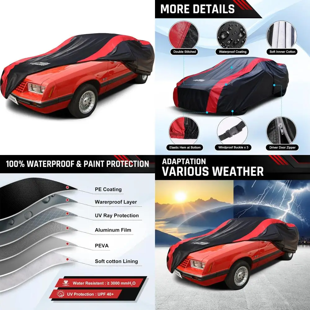 

Custom Waterproof All-Weather Car Cover with Cotton Liner for 1974-1993 Mustang Coupe - Protects from Rain and Snow